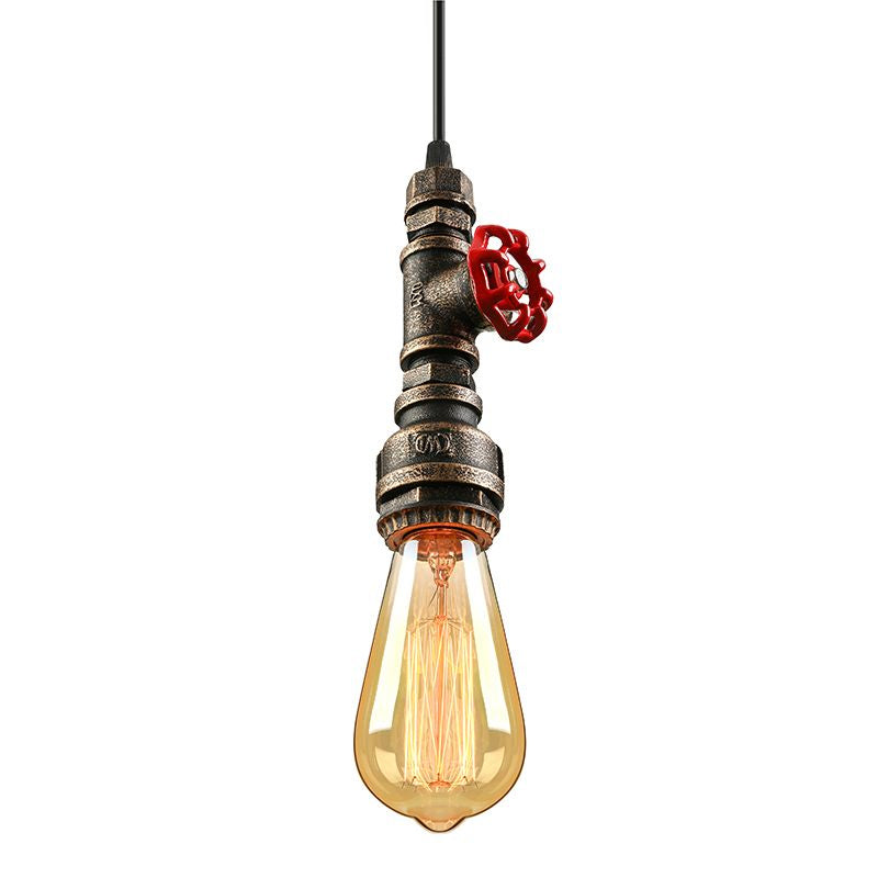Farmhouse Style Pipe Hanging Lamp 1 Bulb Wrought Iron Hanging Light Fixture with Red Valve in Black/Silver/Brass Clearhalo 'Art Deco Pendants' 'Black' 'Cast Iron' 'Ceiling Lights' 'Ceramic' 'Crystal' 'Industrial Pendants' 'Industrial' 'Metal' 'Middle Century Pendants' 'Pendant Lights' 'Pendants' 'Rustic Pendants' 'Tiffany' Lighting' 601501