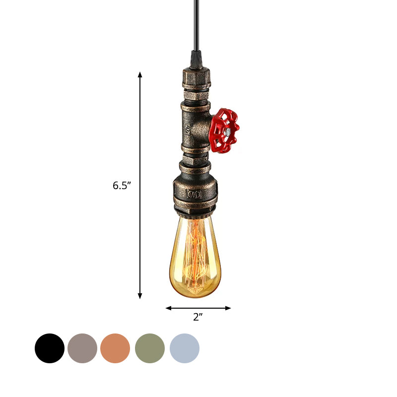Farmhouse Style Pipe Hanging Lamp 1 Bulb Wrought Iron Hanging Light Fixture with Red Valve in Black/Silver/Brass Clearhalo 'Art Deco Pendants' 'Black' 'Cast Iron' 'Ceiling Lights' 'Ceramic' 'Crystal' 'Industrial Pendants' 'Industrial' 'Metal' 'Middle Century Pendants' 'Pendant Lights' 'Pendants' 'Rustic Pendants' 'Tiffany' Lighting' 601502