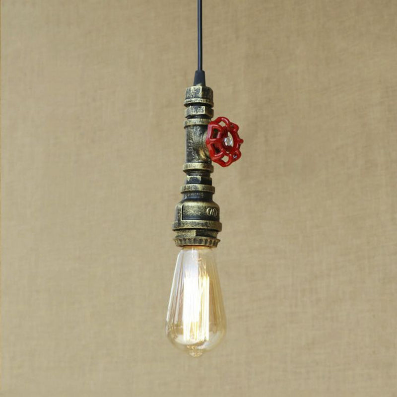 Farmhouse Style Pipe Hanging Lamp 1 Bulb Wrought Iron Hanging Light Fixture with Red Valve in Black/Silver/Brass Clearhalo 'Art Deco Pendants' 'Black' 'Cast Iron' 'Ceiling Lights' 'Ceramic' 'Crystal' 'Industrial Pendants' 'Industrial' 'Metal' 'Middle Century Pendants' 'Pendant Lights' 'Pendants' 'Rustic Pendants' 'Tiffany' Lighting' 601504