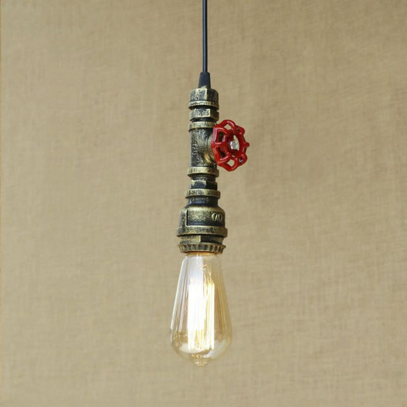 Farmhouse Style Pipe Hanging Lamp 1 Bulb Wrought Iron Hanging Light Fixture with Red Valve in Black/Silver/Brass Clearhalo 'Art Deco Pendants' 'Black' 'Cast Iron' 'Ceiling Lights' 'Ceramic' 'Crystal' 'Industrial Pendants' 'Industrial' 'Metal' 'Middle Century Pendants' 'Pendant Lights' 'Pendants' 'Rustic Pendants' 'Tiffany' Lighting' 601504