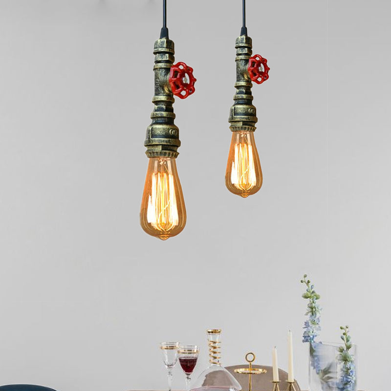 Farmhouse Style Pipe Hanging Lamp 1 Bulb Wrought Iron Hanging Light Fixture with Red Valve in Black/Silver/Brass Clearhalo 'Art Deco Pendants' 'Black' 'Cast Iron' 'Ceiling Lights' 'Ceramic' 'Crystal' 'Industrial Pendants' 'Industrial' 'Metal' 'Middle Century Pendants' 'Pendant Lights' 'Pendants' 'Rustic Pendants' 'Tiffany' Lighting' 601505