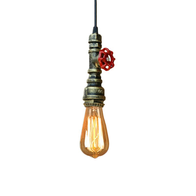 Farmhouse Style Pipe Hanging Lamp 1 Bulb Wrought Iron Hanging Light Fixture with Red Valve in Black/Silver/Brass Clearhalo 'Art Deco Pendants' 'Black' 'Cast Iron' 'Ceiling Lights' 'Ceramic' 'Crystal' 'Industrial Pendants' 'Industrial' 'Metal' 'Middle Century Pendants' 'Pendant Lights' 'Pendants' 'Rustic Pendants' 'Tiffany' Lighting' 601506