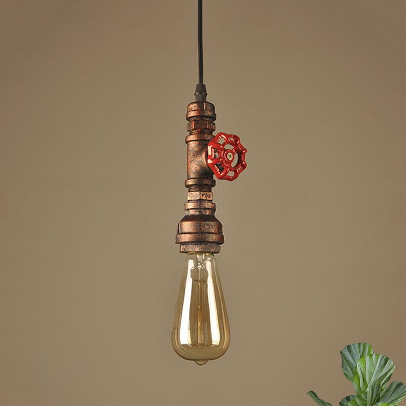 Farmhouse Style Pipe Hanging Lamp 1 Bulb Wrought Iron Hanging Light Fixture with Red Valve in Black/Silver/Brass Clearhalo 'Art Deco Pendants' 'Black' 'Cast Iron' 'Ceiling Lights' 'Ceramic' 'Crystal' 'Industrial Pendants' 'Industrial' 'Metal' 'Middle Century Pendants' 'Pendant Lights' 'Pendants' 'Rustic Pendants' 'Tiffany' Lighting' 601508