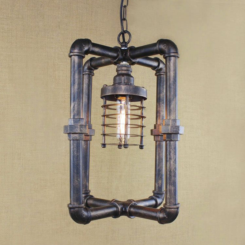 Rust Cylinder Cage Hanging Lighting Industrial Iron 1 Bulb Indoor Ceiling Light Fixture with Rectangular Pipe Rust Clearhalo 'Art Deco Pendants' 'Cast Iron' 'Ceiling Lights' 'Ceramic' 'Crystal' 'Industrial Pendants' 'Industrial' 'Metal' 'Middle Century Pendants' 'Pendant Lights' 'Pendants' 'Tiffany' Lighting' 601511