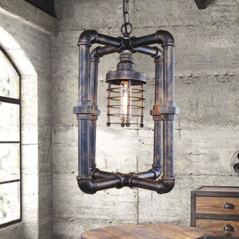 Rust Cylinder Cage Hanging Lighting Industrial Iron 1 Bulb Indoor Ceiling Light Fixture with Rectangular Pipe Clearhalo 'Art Deco Pendants' 'Cast Iron' 'Ceiling Lights' 'Ceramic' 'Crystal' 'Industrial Pendants' 'Industrial' 'Metal' 'Middle Century Pendants' 'Pendant Lights' 'Pendants' 'Tiffany' Lighting' 601513
