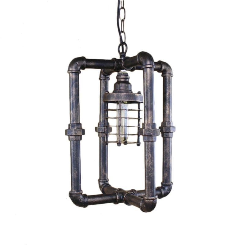 Rust Cylinder Cage Hanging Lighting Industrial Iron 1 Bulb Indoor Ceiling Light Fixture with Rectangular Pipe Clearhalo 'Art Deco Pendants' 'Cast Iron' 'Ceiling Lights' 'Ceramic' 'Crystal' 'Industrial Pendants' 'Industrial' 'Metal' 'Middle Century Pendants' 'Pendant Lights' 'Pendants' 'Tiffany' Lighting' 601514