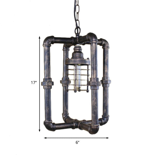 Rust Cylinder Cage Hanging Lighting Industrial Iron 1 Bulb Indoor Ceiling Light Fixture with Rectangular Pipe Clearhalo 'Art Deco Pendants' 'Cast Iron' 'Ceiling Lights' 'Ceramic' 'Crystal' 'Industrial Pendants' 'Industrial' 'Metal' 'Middle Century Pendants' 'Pendant Lights' 'Pendants' 'Tiffany' Lighting' 601515