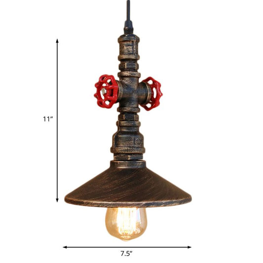 Antique Brass Saucer Pendant Lighting 1 Bulb Wrought Iron Ceiling Fixture with Red Valve Deco for Dining Room Clearhalo 'Art Deco Pendants' 'Cast Iron' 'Ceiling Lights' 'Ceramic' 'Crystal' 'Industrial Pendants' 'Industrial' 'Metal' 'Middle Century Pendants' 'Pendant Lights' 'Pendants' 'Tiffany' Lighting' 601520