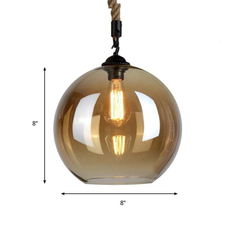 Amber Glass Ball Shade Pendant Light Fixture Vintage Style 1 Light Restaurant Hanging Lamp with Rope Clearhalo 'Ceiling Lights' 'Glass shade' 'Glass' 'Industrial Pendants' 'Industrial' 'Middle Century Pendants' 'Pendant Lights' 'Pendants' 'Tiffany' Lighting' 601536