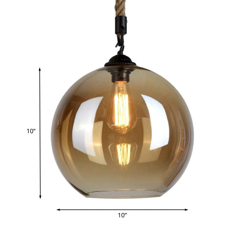 Amber Glass Ball Shade Pendant Light Fixture Vintage Style 1 Light Restaurant Hanging Lamp with Rope Clearhalo 'Ceiling Lights' 'Glass shade' 'Glass' 'Industrial Pendants' 'Industrial' 'Middle Century Pendants' 'Pendant Lights' 'Pendants' 'Tiffany' Lighting' 601537