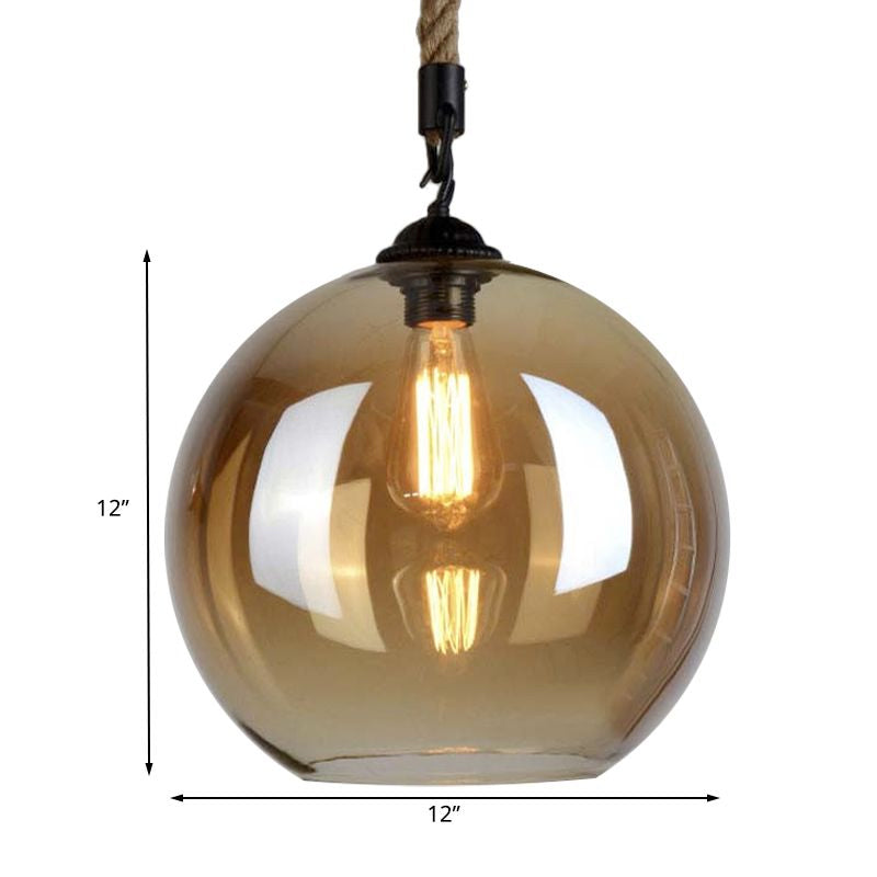 Amber Glass Ball Shade Pendant Light Fixture Vintage Style 1 Light Restaurant Hanging Lamp with Rope Clearhalo 'Ceiling Lights' 'Glass shade' 'Glass' 'Industrial Pendants' 'Industrial' 'Middle Century Pendants' 'Pendant Lights' 'Pendants' 'Tiffany' Lighting' 601538