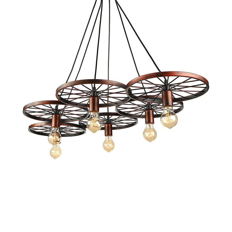 3/6/8 Heads Wheel Design Ceiling Fixture with Bare Bulb Vintage Industrial Black/Rust Metal Hanging Light Clearhalo 'Art Deco Pendants' 'Black' 'Cast Iron' 'Ceiling Lights' 'Ceramic' 'Crystal' 'Industrial Pendants' 'Industrial' 'Metal' 'Middle Century Pendants' 'Pendant Lights' 'Pendants' 'Rustic Pendants' 'Tiffany' Lighting' 601690