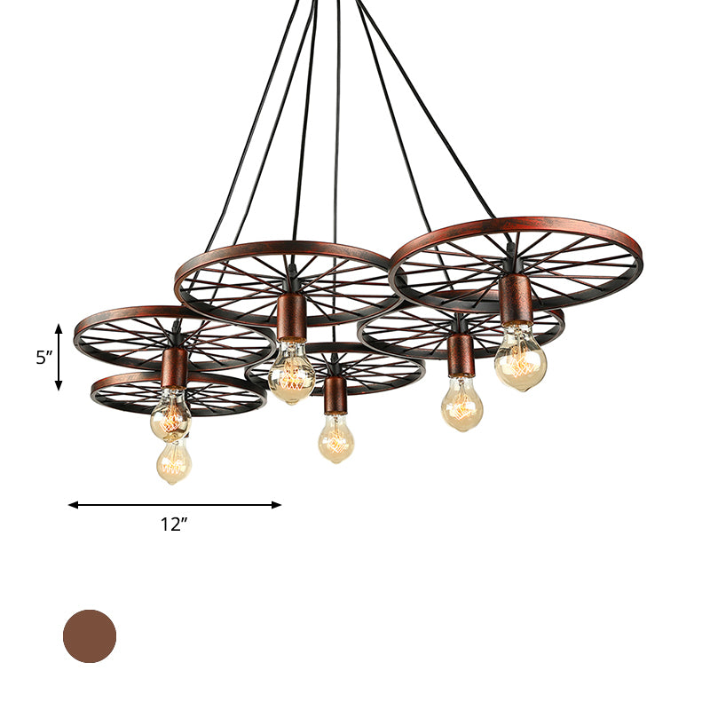 3/6/8 Heads Wheel Design Ceiling Fixture with Bare Bulb Vintage Industrial Black/Rust Metal Hanging Light Clearhalo 'Art Deco Pendants' 'Black' 'Cast Iron' 'Ceiling Lights' 'Ceramic' 'Crystal' 'Industrial Pendants' 'Industrial' 'Metal' 'Middle Century Pendants' 'Pendant Lights' 'Pendants' 'Rustic Pendants' 'Tiffany' Lighting' 601691