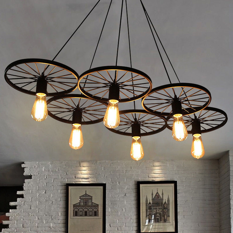 3/6/8 Heads Wheel Design Ceiling Fixture with Bare Bulb Vintage Industrial Black/Rust Metal Hanging Light 6 Black Round Clearhalo 'Art Deco Pendants' 'Black' 'Cast Iron' 'Ceiling Lights' 'Ceramic' 'Crystal' 'Industrial Pendants' 'Industrial' 'Metal' 'Middle Century Pendants' 'Pendant Lights' 'Pendants' 'Rustic Pendants' 'Tiffany' Lighting' 601692