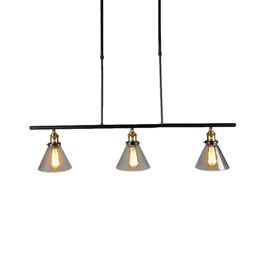 Farmhouse Cone Shade Hanging Pendant 3-Light Clear Glass Island Lamp in Black for Dining Room Clearhalo 'Ceiling Lights' 'Glass shade' 'Glass' 'Island Lights' 'Pendant Lights' Lighting' 601873