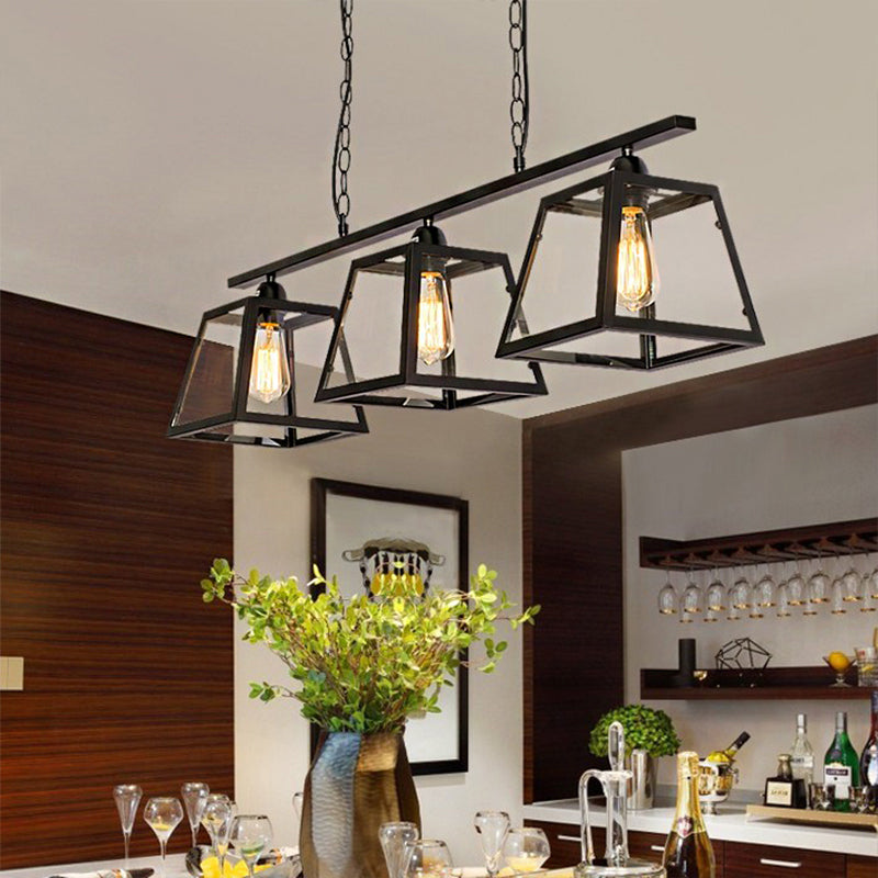 Black Pyramid Island Light Fixture Industrial Metal 3-Bulb Kitchen Hanging Lamp with Glass Panel Black Clearhalo 'Ceiling Lights' 'Island Lights' Lighting' 601977
