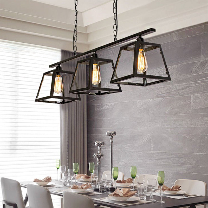 Black Pyramid Island Light Fixture Industrial Metal 3-Bulb Kitchen Hanging Lamp with Glass Panel Clearhalo 'Ceiling Lights' 'Island Lights' Lighting' 601978