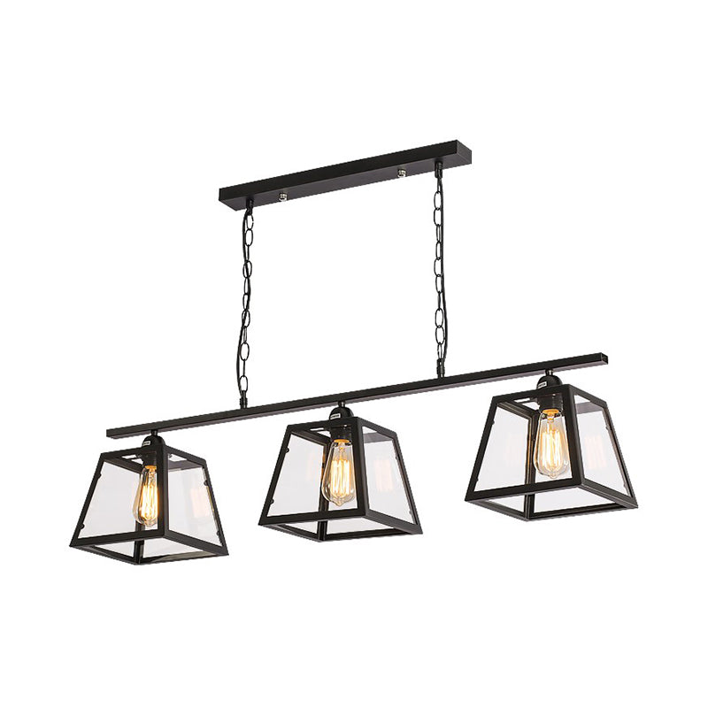Black Pyramid Island Light Fixture Industrial Metal 3-Bulb Kitchen Hanging Lamp with Glass Panel Clearhalo 'Ceiling Lights' 'Island Lights' Lighting' 601979