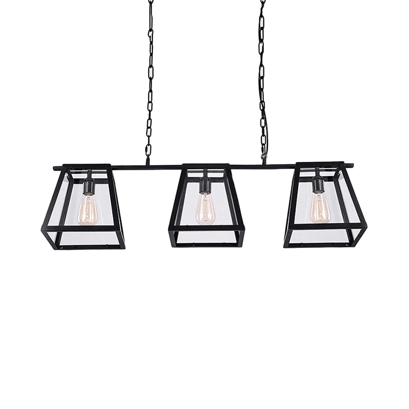 Black Pyramid Island Light Fixture Industrial Metal 3-Bulb Kitchen Hanging Lamp with Glass Panel Clearhalo 'Ceiling Lights' 'Island Lights' Lighting' 601980