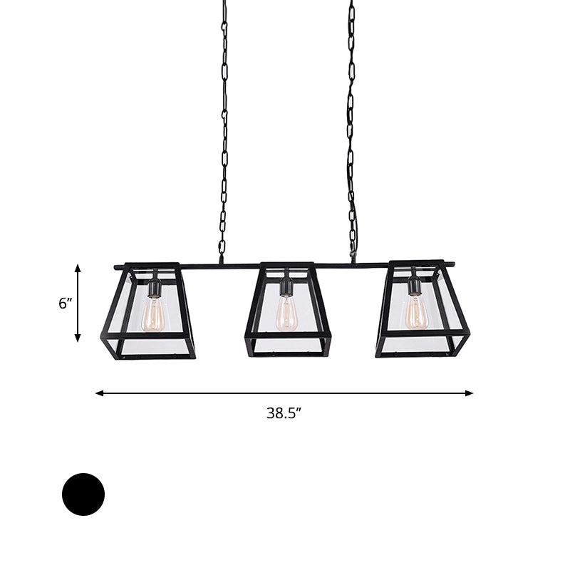 Black Pyramid Island Light Fixture Industrial Metal 3-Bulb Kitchen Hanging Lamp with Glass Panel Clearhalo 'Ceiling Lights' 'Island Lights' Lighting' 601981