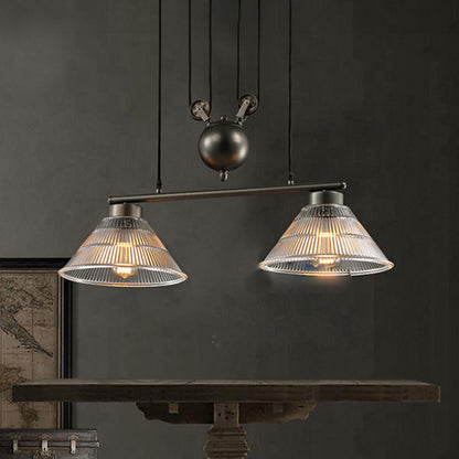 Industrial Cone Hanging Pendant 2/3-Light Prismatic Glass Island Lamp in Black with Adjustable Pulley 2 Clear Clearhalo 'Ceiling Lights' 'Close To Ceiling Lights' 'Glass shade' 'Glass' 'Island Lights' Lighting' 601998