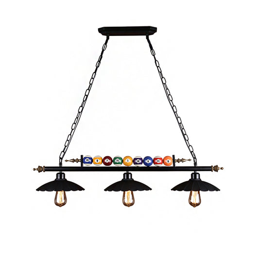 2/3-Light Scalloped Pool Table Light with Billiard Ball Decoration Vintage Metallic Hanging Light in Black Clearhalo 'Ceiling Lights' 'Island Lights' Lighting' 602029