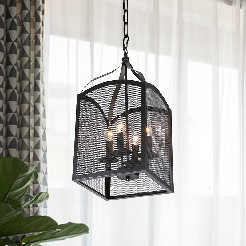 4/5 Lights Caged Pendant Lighting with Mesh Screen Vintage Style Black Metal Adjustable Pendant Ceiling Lamp 4 Black Clearhalo 'Cast Iron' 'Ceiling Lights' 'Chandeliers' 'Industrial Chandeliers' 'Industrial' 'Metal' 'Middle Century Chandeliers' 'Rustic Chandeliers' 'Tiffany' Lighting' 602174