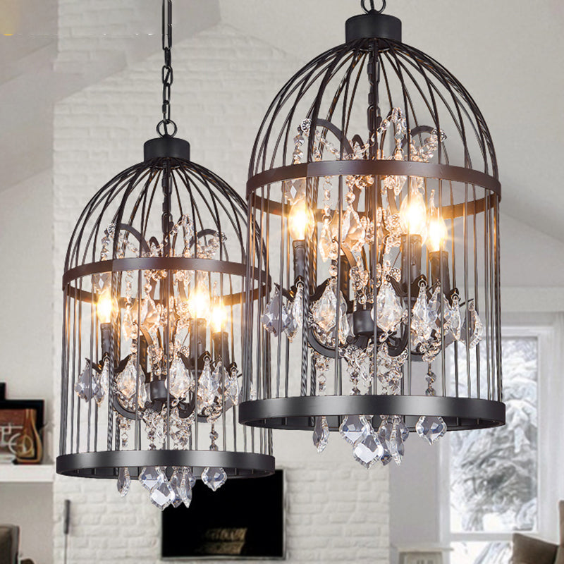 4 Heads Birdcage Chandelier Lighting Vintage Style Black/White/Rust Iron Hanging Lamp with Candle and Crystal Deco for Living Room Black Clearhalo 'Cast Iron' 'Ceiling Lights' 'Chandeliers' 'Industrial Chandeliers' 'Industrial' 'Metal' 'Middle Century Chandeliers' 'Rustic Chandeliers' 'Tiffany' Lighting' 602215