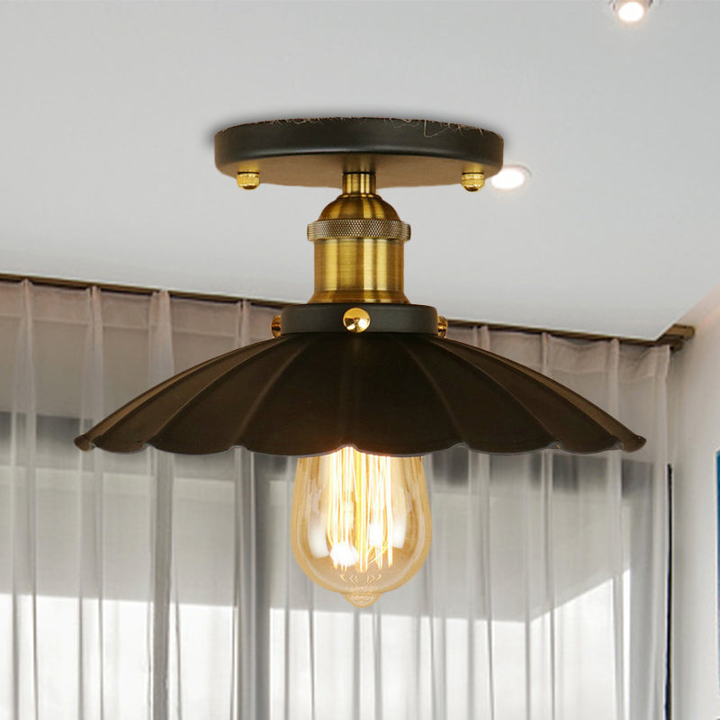Scalloped Edge Balcony Semi Flush Light Vintage Style Metal 1 Light Black/Rust Ceiling Light Fixture Black Clearhalo 'Ceiling Lights' 'Close To Ceiling Lights' 'Close to ceiling' 'Flush mount' 'Industrial Flush Mount' Lighting' 602301