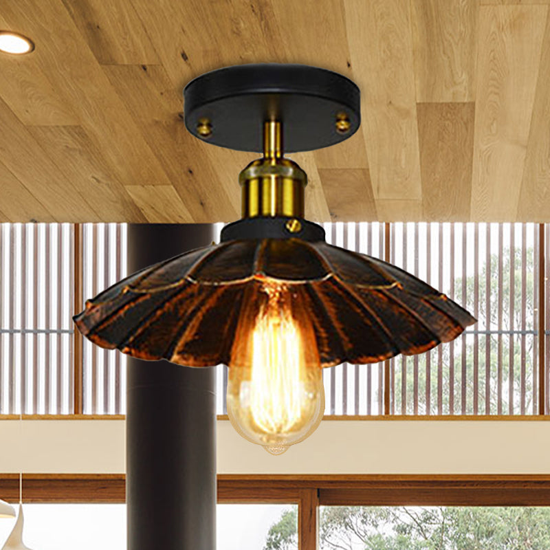 Scalloped Edge Balcony Semi Flush Light Vintage Style Metal 1 Light Black/Rust Ceiling Light Fixture Rust Clearhalo 'Ceiling Lights' 'Close To Ceiling Lights' 'Close to ceiling' 'Flush mount' 'Industrial Flush Mount' Lighting' 602310