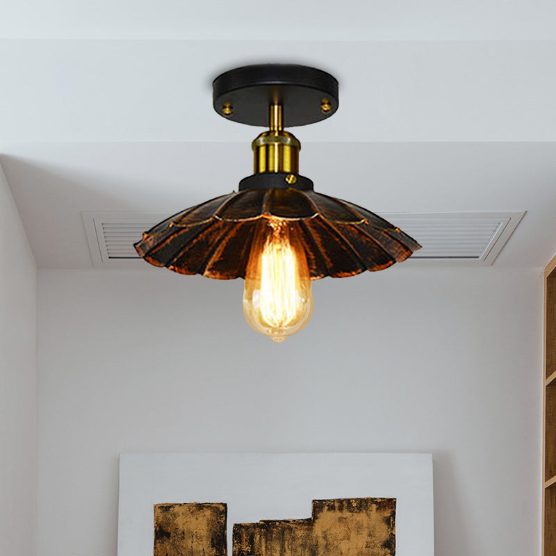 Scalloped Edge Balcony Semi Flush Light Vintage Style Metal 1 Light Black/Rust Ceiling Light Fixture Clearhalo 'Ceiling Lights' 'Close To Ceiling Lights' 'Close to ceiling' 'Flush mount' 'Industrial Flush Mount' Lighting' 602311