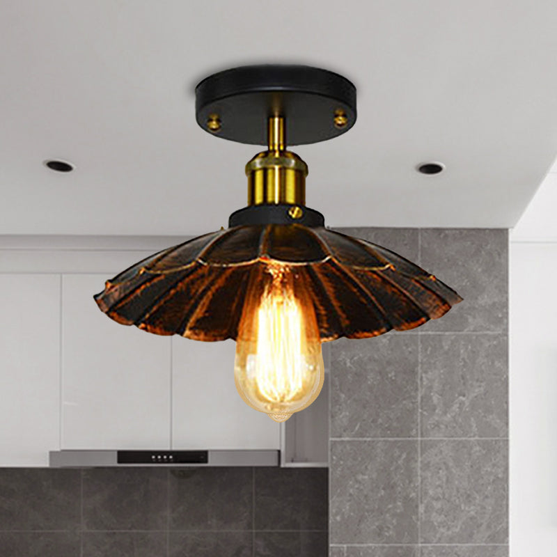 Scalloped Edge Balcony Semi Flush Light Vintage Style Metal 1 Light Black/Rust Ceiling Light Fixture Clearhalo 'Ceiling Lights' 'Close To Ceiling Lights' 'Close to ceiling' 'Flush mount' 'Industrial Flush Mount' Lighting' 602312