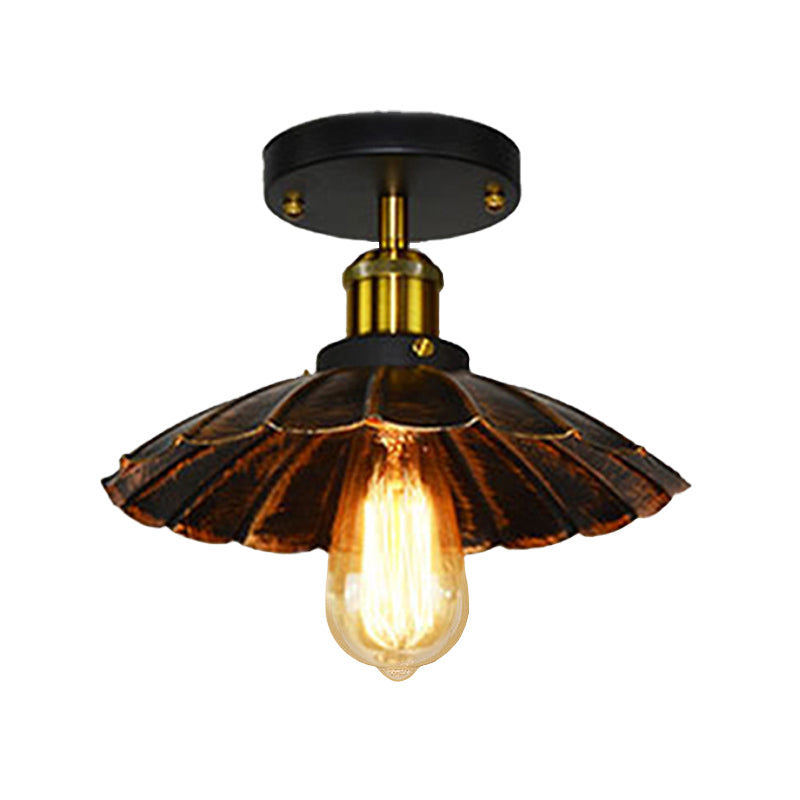 Scalloped Edge Balcony Semi Flush Light Vintage Style Metal 1 Light Black/Rust Ceiling Light Fixture Clearhalo 'Ceiling Lights' 'Close To Ceiling Lights' 'Close to ceiling' 'Flush mount' 'Industrial Flush Mount' Lighting' 602313