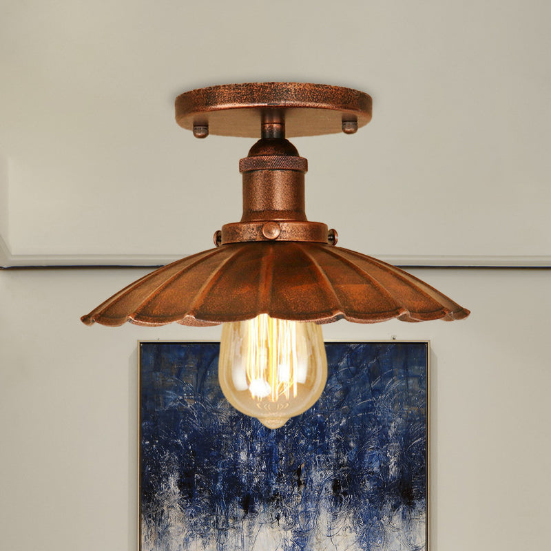 1 Head Iron Semi Flush Light Antique Style Rust/Black Scalloped Shade Balcony Semi Flush Mount Lighting Clearhalo 'Ceiling Lights' 'Close To Ceiling Lights' 'Close to ceiling' 'Flush mount' 'Industrial Flush Mount' Lighting' 602323