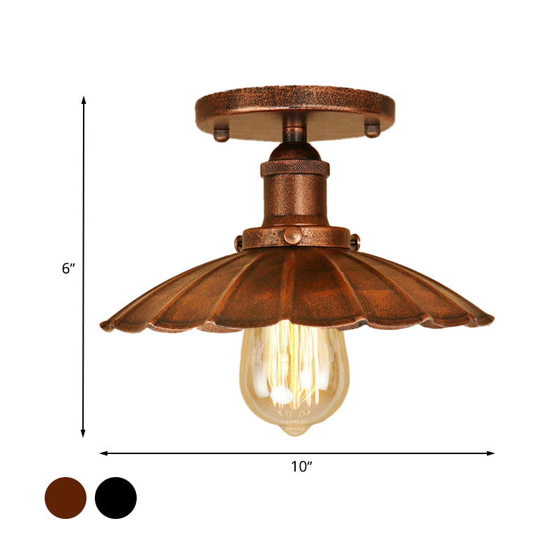 1 Head Iron Semi Flush Light Antique Style Rust/Black Scalloped Shade Balcony Semi Flush Mount Lighting Clearhalo 'Ceiling Lights' 'Close To Ceiling Lights' 'Close to ceiling' 'Flush mount' 'Industrial Flush Mount' Lighting' 602325