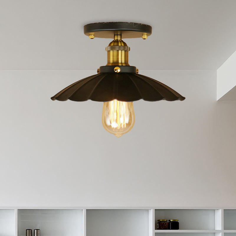 2 Lights Metal Ceiling Mounted Light Loft Style Black Scalloped Edge Indoor Semi Flush Mount Lighting Clearhalo 'Ceiling Lights' 'Close To Ceiling Lights' 'Close to ceiling' 'Flush mount' 'Industrial Flush Mount' Lighting' 602332