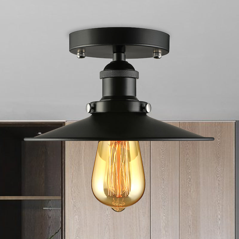 Black/Brass Flat Shade Semi Flush Light Vintage Style Metal 1 Bulb Kitchen Semi Flush Mount Lighting Black Clearhalo 'Ceiling Lights' 'Close To Ceiling Lights' 'Close to ceiling' 'Flush mount' 'Industrial Flush Mount' Lighting' 602383