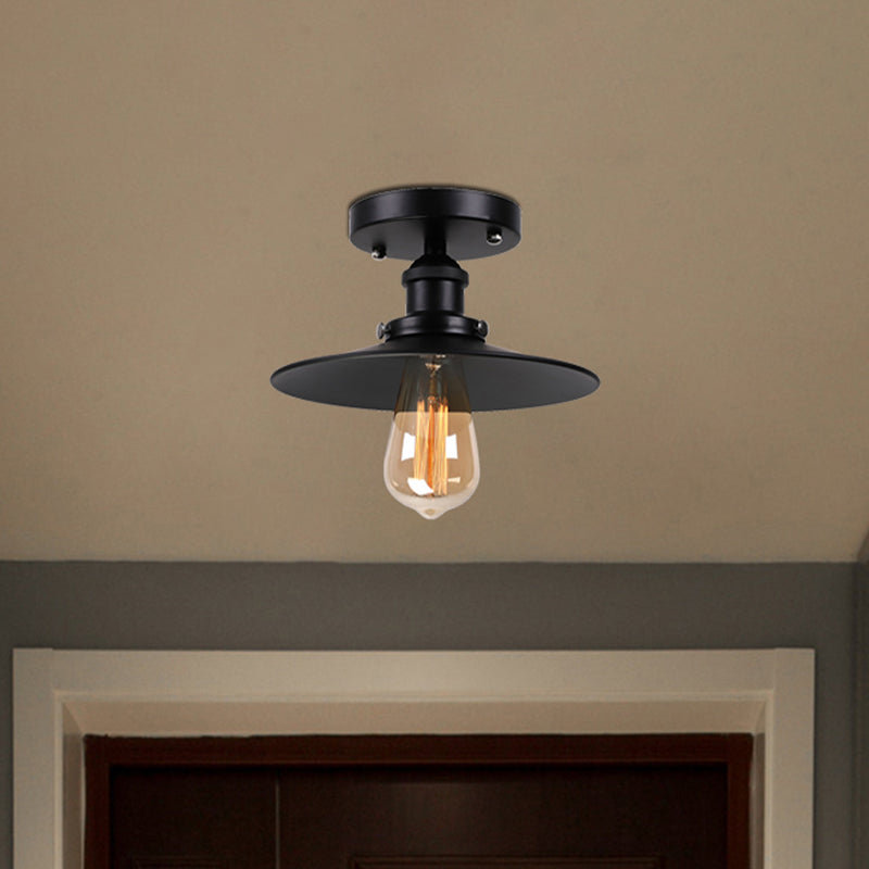 Black/Brass Flat Shade Semi Flush Light Vintage Style Metal 1 Bulb Kitchen Semi Flush Mount Lighting Clearhalo 'Ceiling Lights' 'Close To Ceiling Lights' 'Close to ceiling' 'Flush mount' 'Industrial Flush Mount' Lighting' 602384