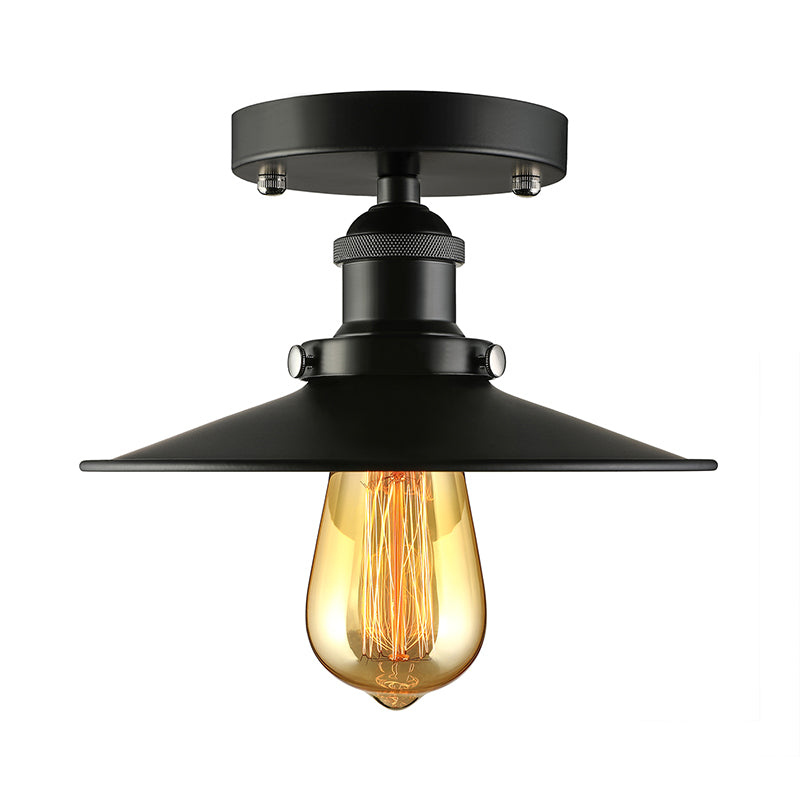 Black/Brass Flat Shade Semi Flush Light Vintage Style Metal 1 Bulb Kitchen Semi Flush Mount Lighting Clearhalo 'Ceiling Lights' 'Close To Ceiling Lights' 'Close to ceiling' 'Flush mount' 'Industrial Flush Mount' Lighting' 602386