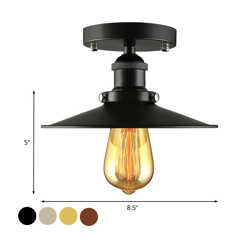 Black/Brass Flat Shade Semi Flush Light Vintage Style Metal 1 Bulb Kitchen Semi Flush Mount Lighting Clearhalo 'Ceiling Lights' 'Close To Ceiling Lights' 'Close to ceiling' 'Flush mount' 'Industrial Flush Mount' Lighting' 602387
