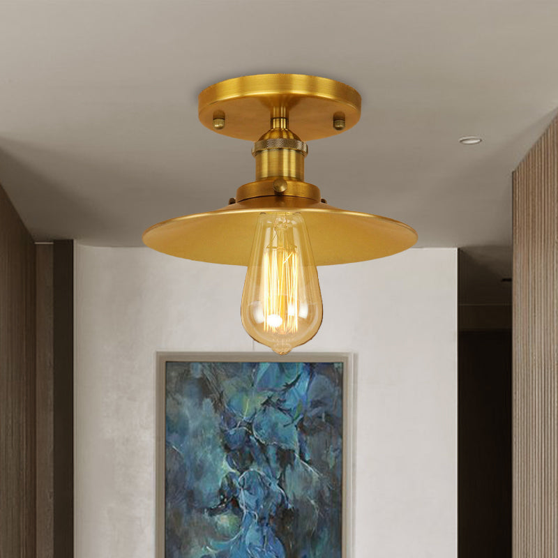 Black/Brass Flat Shade Semi Flush Light Vintage Style Metal 1 Bulb Kitchen Semi Flush Mount Lighting Clearhalo 'Ceiling Lights' 'Close To Ceiling Lights' 'Close to ceiling' 'Flush mount' 'Industrial Flush Mount' Lighting' 602389