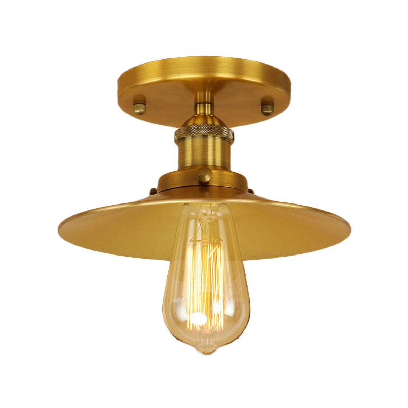 Black/Brass Flat Shade Semi Flush Light Vintage Style Metal 1 Bulb Kitchen Semi Flush Mount Lighting Clearhalo 'Ceiling Lights' 'Close To Ceiling Lights' 'Close to ceiling' 'Flush mount' 'Industrial Flush Mount' Lighting' 602391