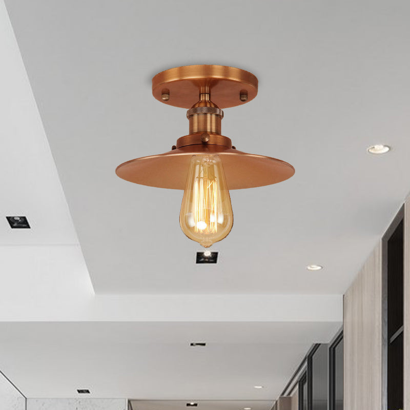 Black/Brass Flat Shade Semi Flush Light Vintage Style Metal 1 Bulb Kitchen Semi Flush Mount Lighting Clearhalo 'Ceiling Lights' 'Close To Ceiling Lights' 'Close to ceiling' 'Flush mount' 'Industrial Flush Mount' Lighting' 602393