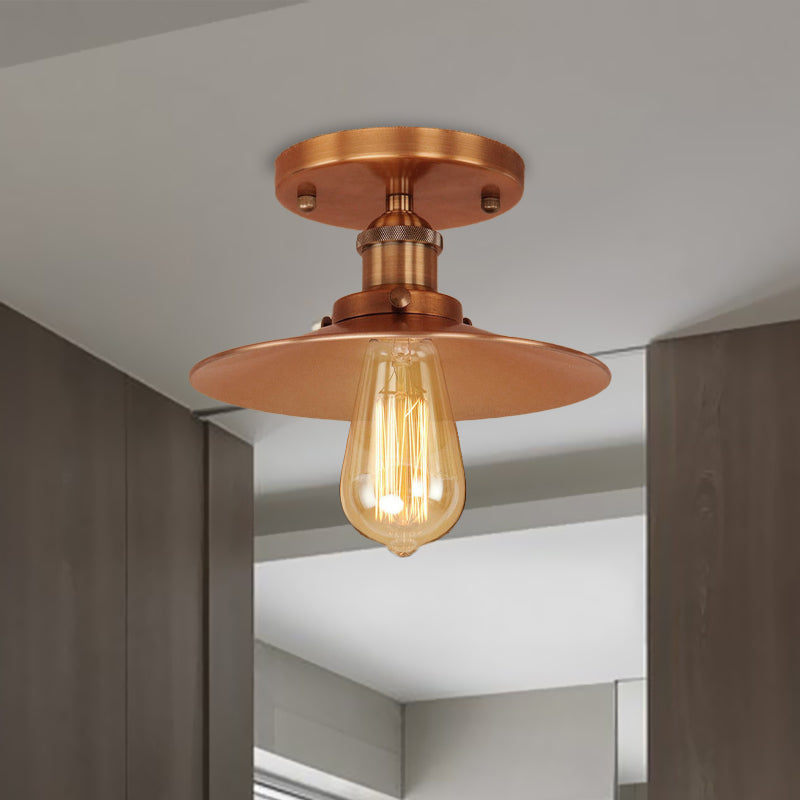Black/Brass Flat Shade Semi Flush Light Vintage Style Metal 1 Bulb Kitchen Semi Flush Mount Lighting Clearhalo 'Ceiling Lights' 'Close To Ceiling Lights' 'Close to ceiling' 'Flush mount' 'Industrial Flush Mount' Lighting' 602394