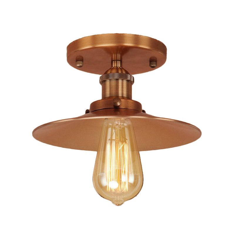 Black/Brass Flat Shade Semi Flush Light Vintage Style Metal 1 Bulb Kitchen Semi Flush Mount Lighting Clearhalo 'Ceiling Lights' 'Close To Ceiling Lights' 'Close to ceiling' 'Flush mount' 'Industrial Flush Mount' Lighting' 602395