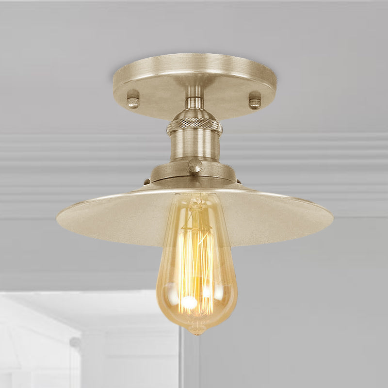 Black/Brass Flat Shade Semi Flush Light Vintage Style Metal 1 Bulb Kitchen Semi Flush Mount Lighting Chrome Clearhalo 'Ceiling Lights' 'Close To Ceiling Lights' 'Close to ceiling' 'Flush mount' 'Industrial Flush Mount' Lighting' 602396