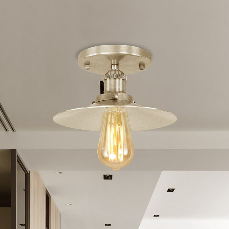 Black/Brass Flat Shade Semi Flush Light Vintage Style Metal 1 Bulb Kitchen Semi Flush Mount Lighting Clearhalo 'Ceiling Lights' 'Close To Ceiling Lights' 'Close to ceiling' 'Flush mount' 'Industrial Flush Mount' Lighting' 602397