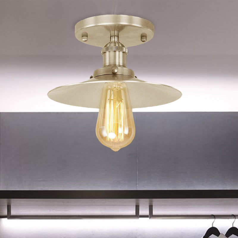 Black/Brass Flat Shade Semi Flush Light Vintage Style Metal 1 Bulb Kitchen Semi Flush Mount Lighting Clearhalo 'Ceiling Lights' 'Close To Ceiling Lights' 'Close to ceiling' 'Flush mount' 'Industrial Flush Mount' Lighting' 602398