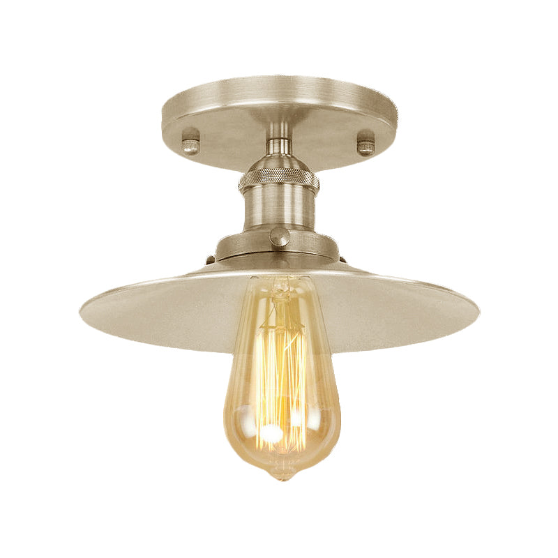Black/Brass Flat Shade Semi Flush Light Vintage Style Metal 1 Bulb Kitchen Semi Flush Mount Lighting Clearhalo 'Ceiling Lights' 'Close To Ceiling Lights' 'Close to ceiling' 'Flush mount' 'Industrial Flush Mount' Lighting' 602399