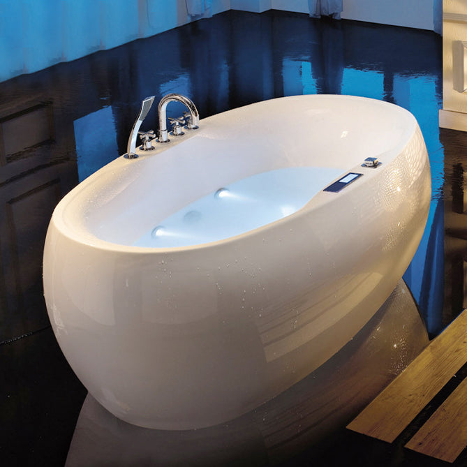 Modern Oval Acrylic Bathtub Hotel Freestanding Bath Tub in White Thermostat & Chromatherapy & ICP Massage Included Tub with Deck Faucets Clearhalo 'Bathroom Remodel & Bathroom Fixtures' 'Bathtubs' 'Home Improvement' 'home_improvement' 'home_improvement_bathtubs' 'Showers & Bathtubs' 6024493